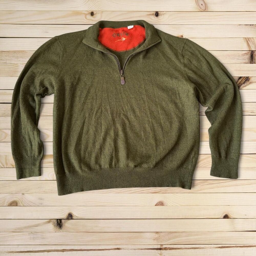 Orvis 100% Merino Wool Quarter Zip Green Sweater